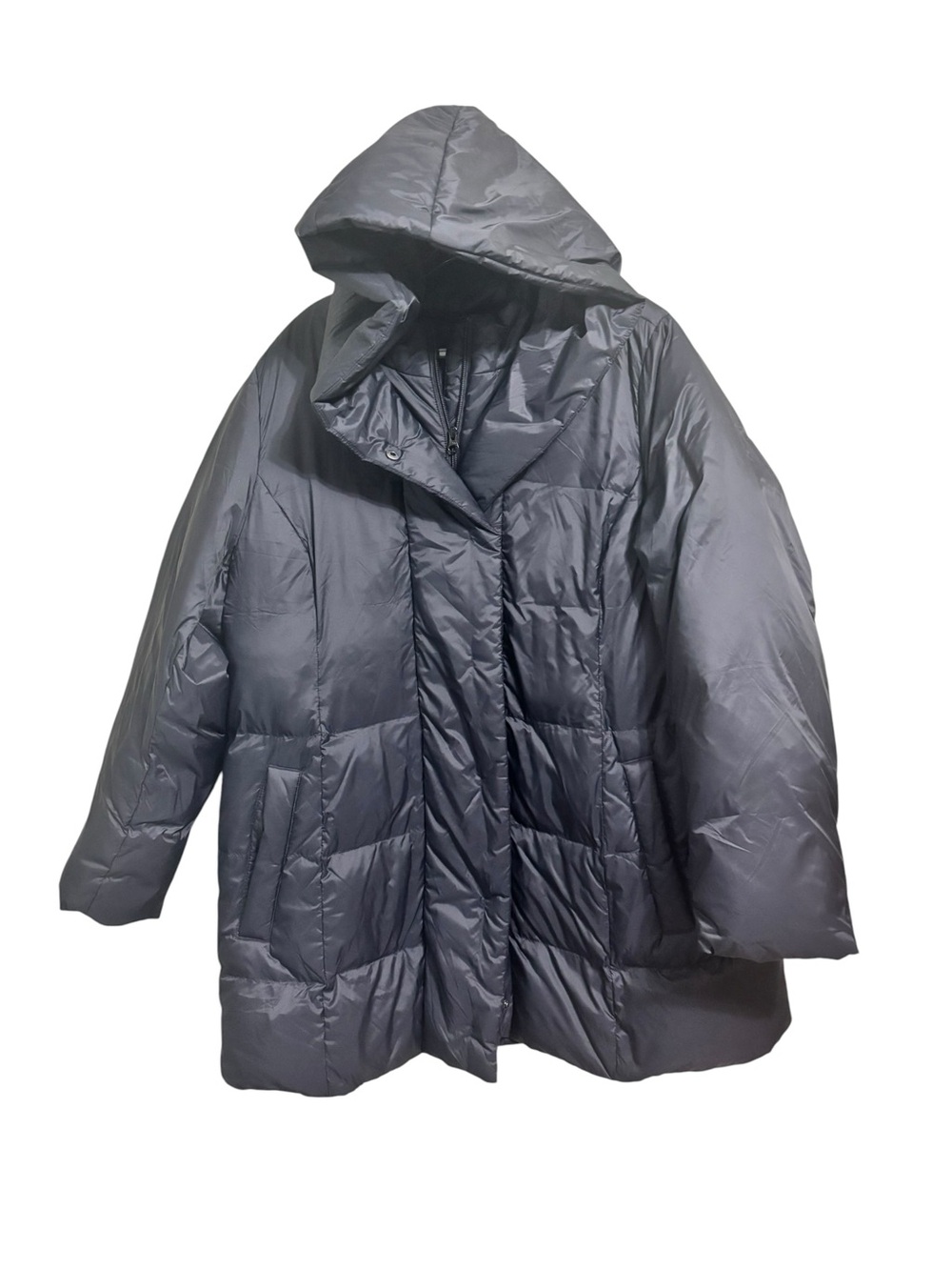 J. Jill Black Down Filled Snap Front 3/4 Length Long Hooded  Puffer Coat Sz 1x